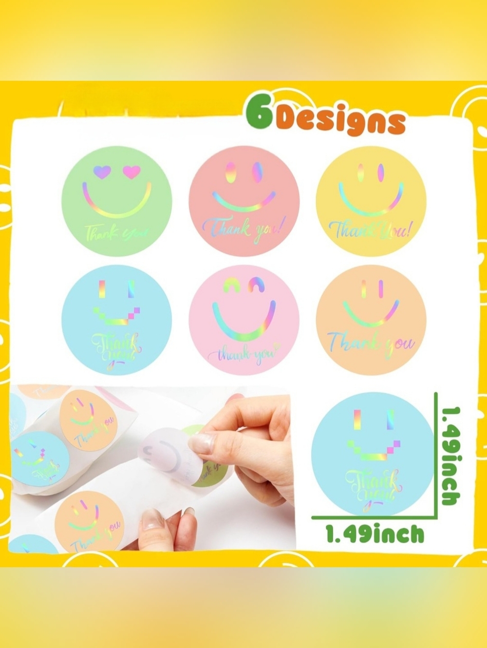 150 Holographic Pastel Thank You Smiley Sticker Labels 1.5"